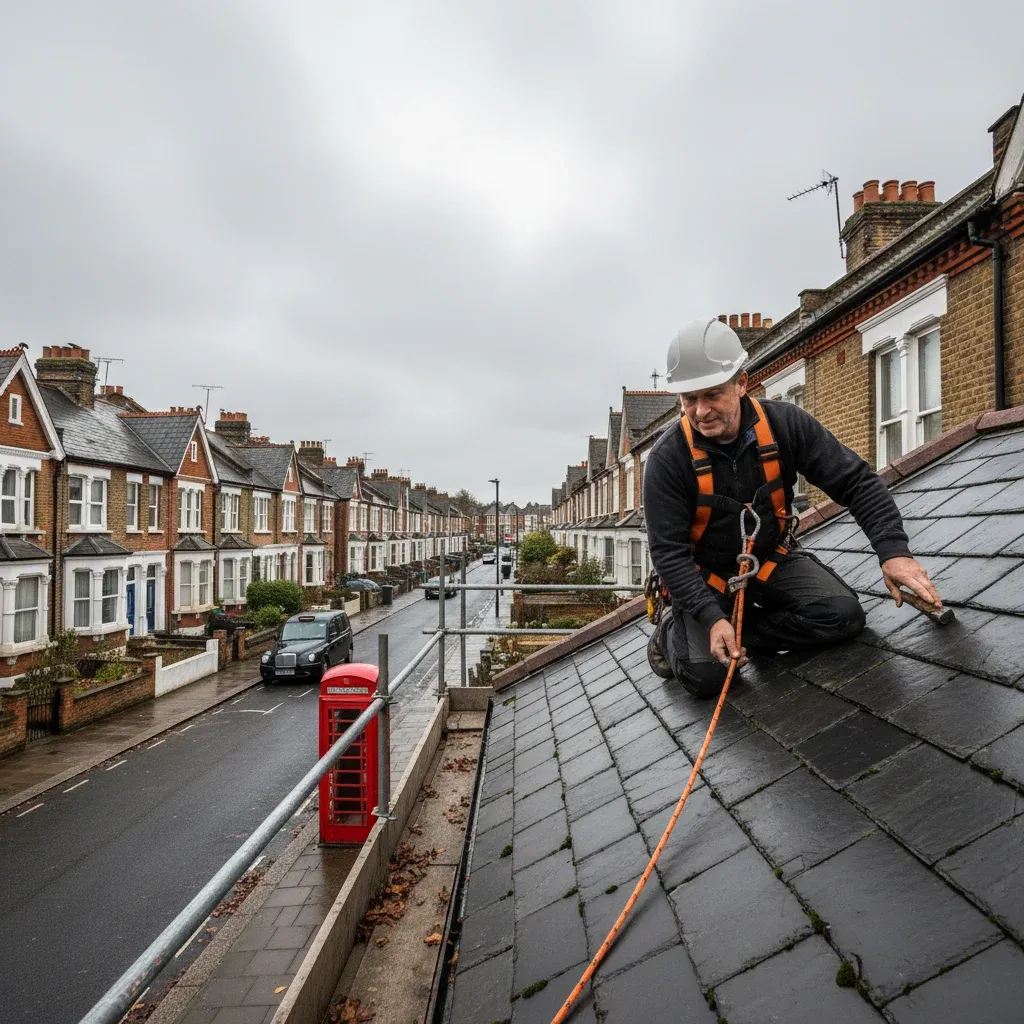 Professional roofer inspecting slate tiles on an Enfield terraced house