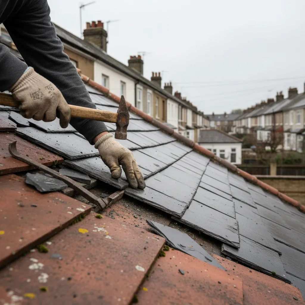 Roofer replacing broken tiles on an Enfield terraced house